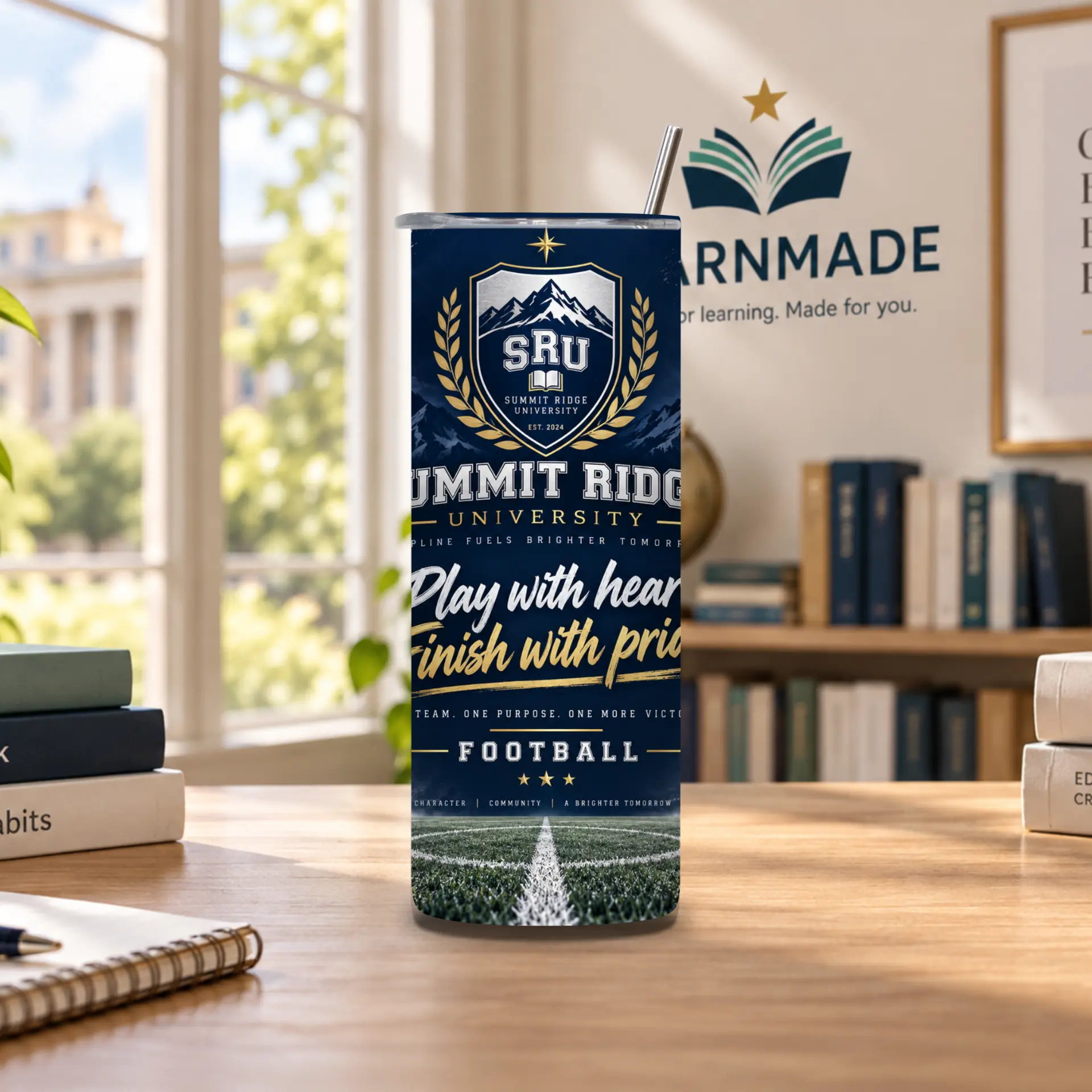 Play With Heart. Finish With Pride. design on a 20oz Tumbler